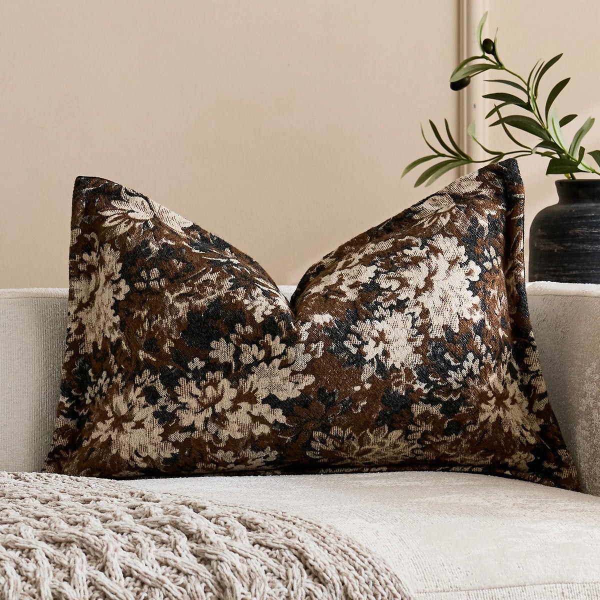 Oversized Throw Pillow Cover Jacquard Floral Velvet Hidden Zipper