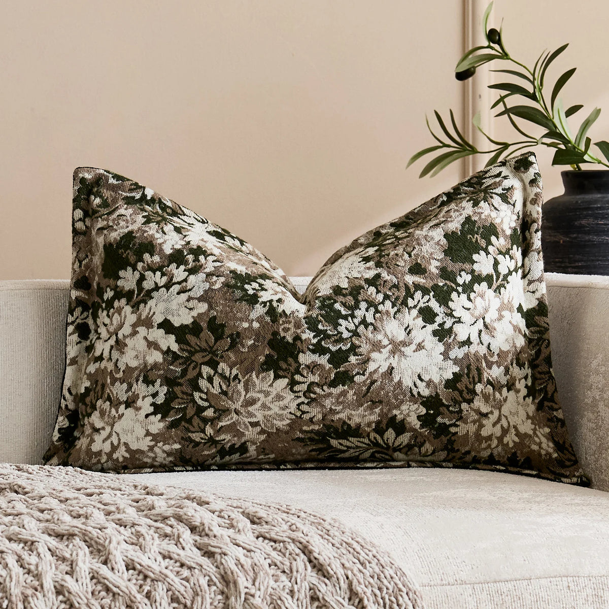 Oversized Throw Pillow Cover Jacquard Floral Velvet Hidden Zipper