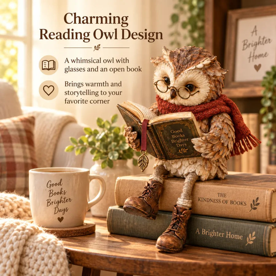 Owl Figurine Reading Design with Glasses & Open Book