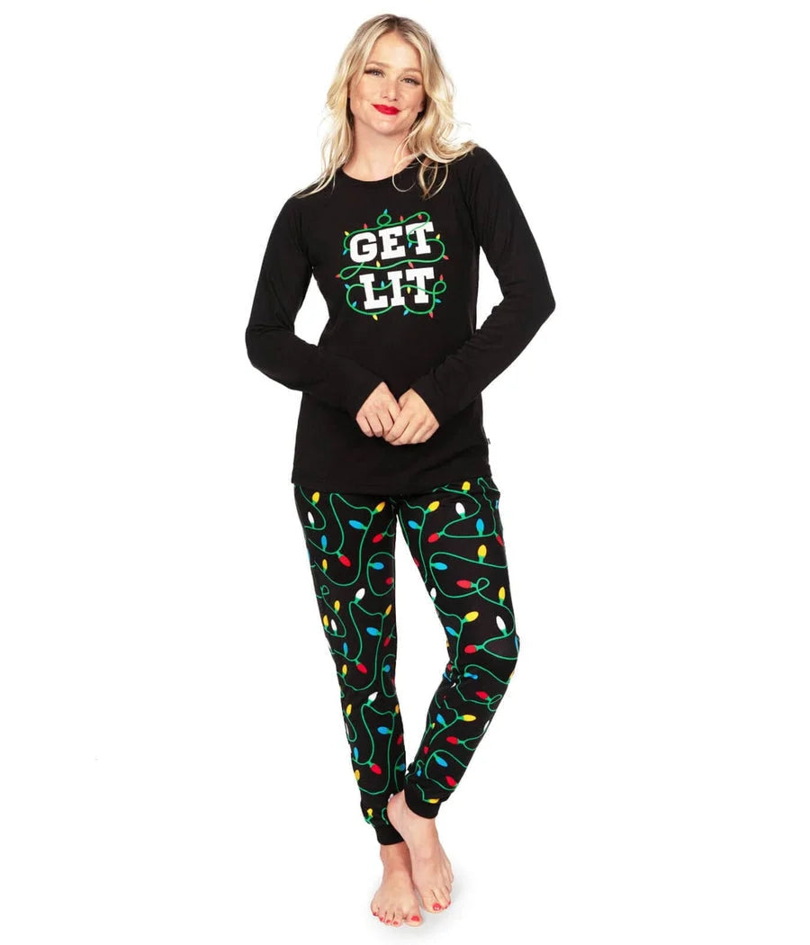 Pajama Set Christmas Lights Print Stretch Two-Piece