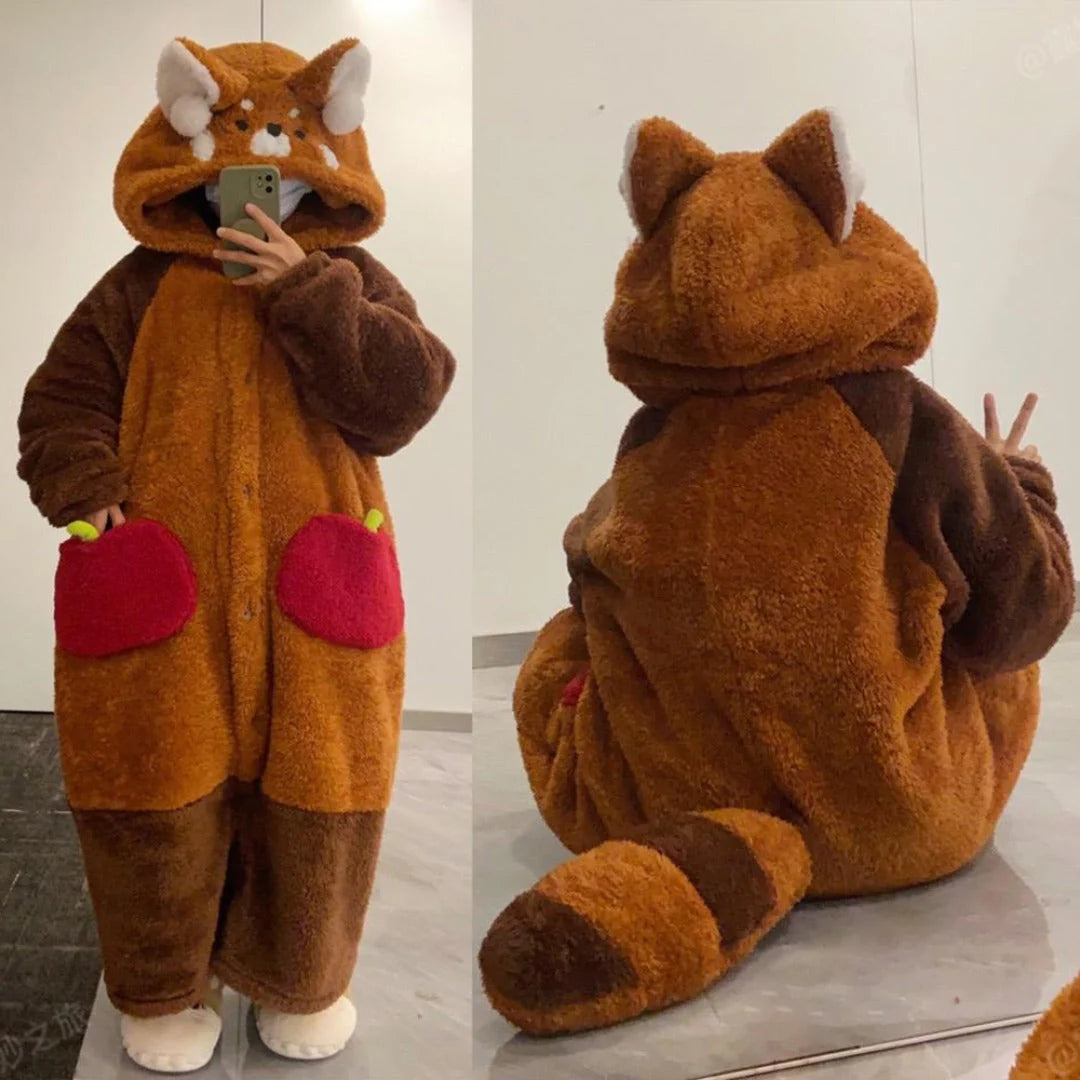 Pajama Set Red Panda Hooded Robe Removable Tail