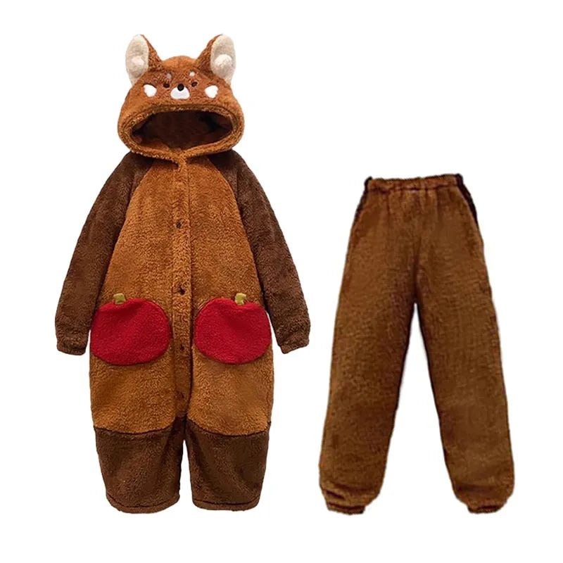 Pajama Set Red Panda Hooded Robe Removable Tail