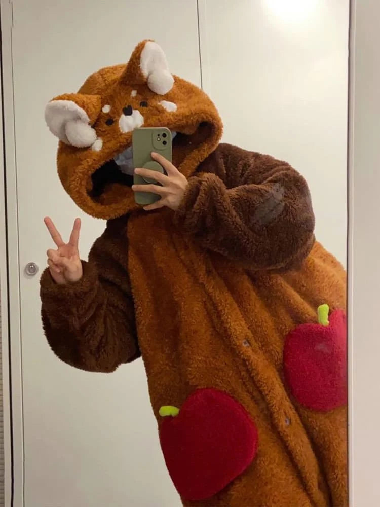 Pajama Set Red Panda Hooded Robe Removable Tail