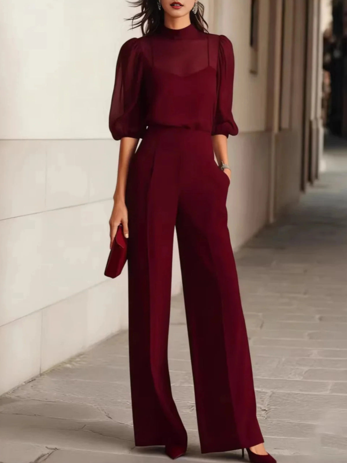 Pants Set Three-Piece Sheer Chiffon Blouse Wide-Leg Pants
