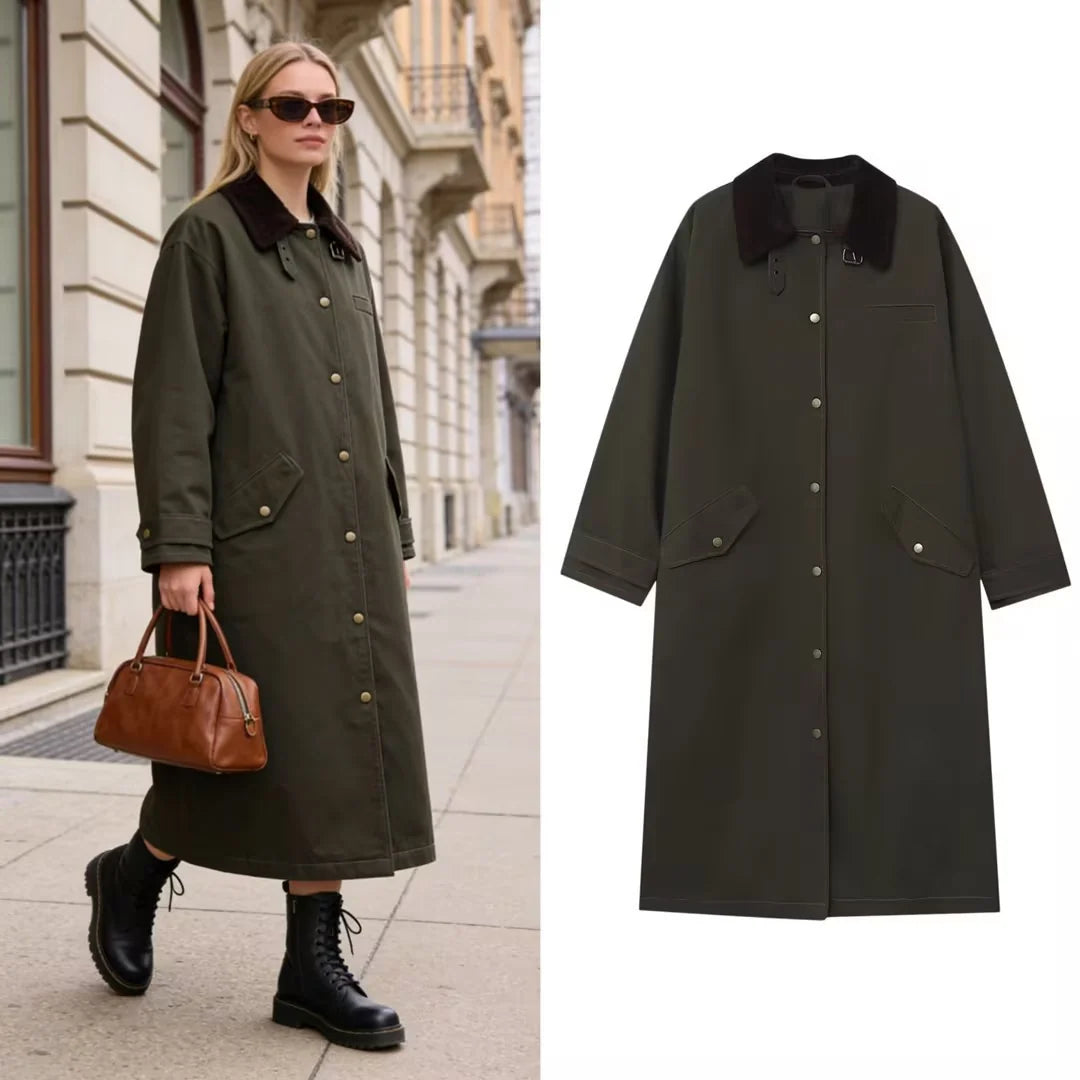 Parka Coat Water-Repellent Corduroy Collar Snap-Button Front