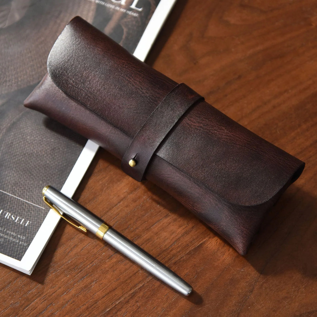 Pen Case Genuine Leather Compact Strap Closure