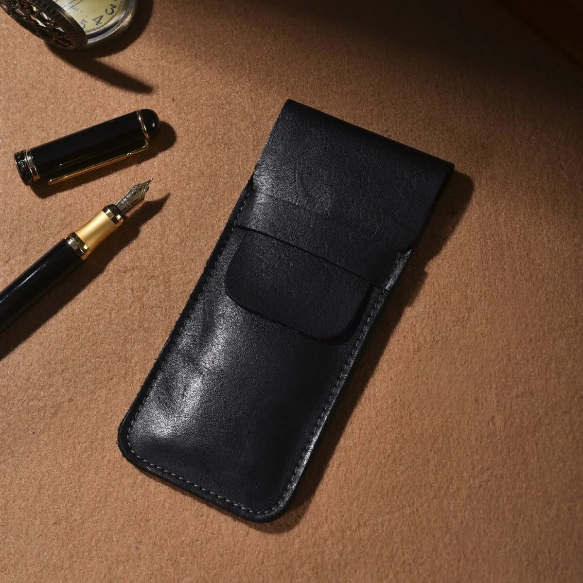Pen Case Genuine Leather Snap Button Closure Multi-Pen Storage