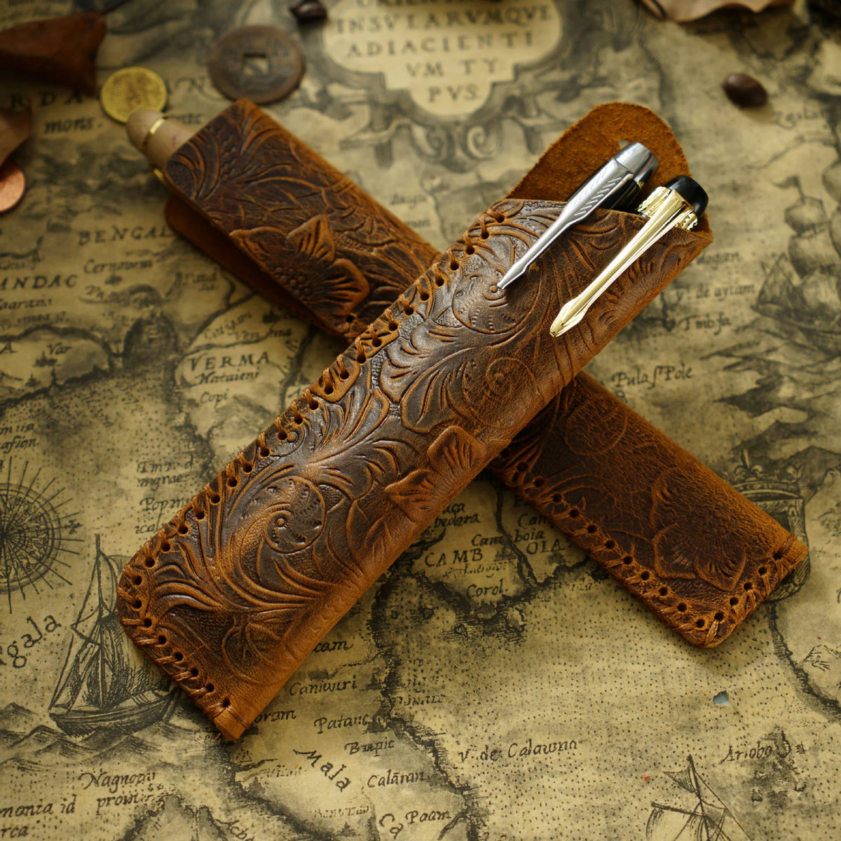 Pen Case Leather Floral Embossed Multi-Tool Storage