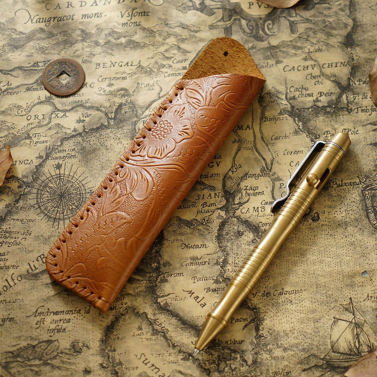 Pen Case Leather Floral Embossed Multi-Tool Storage