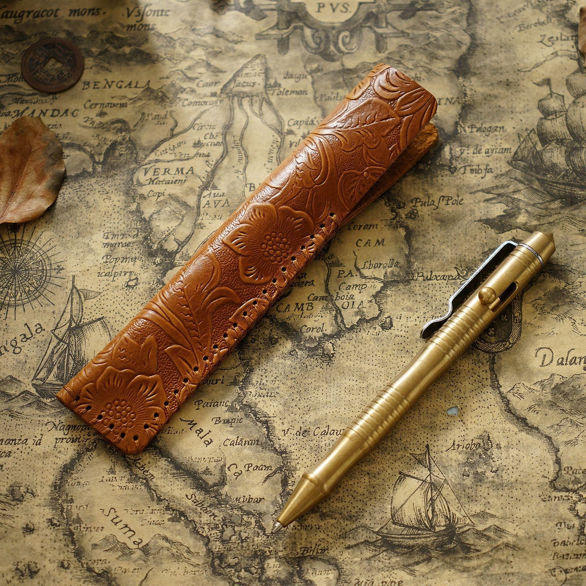 Pen Case Leather Floral Embossed Multi-Tool Storage
