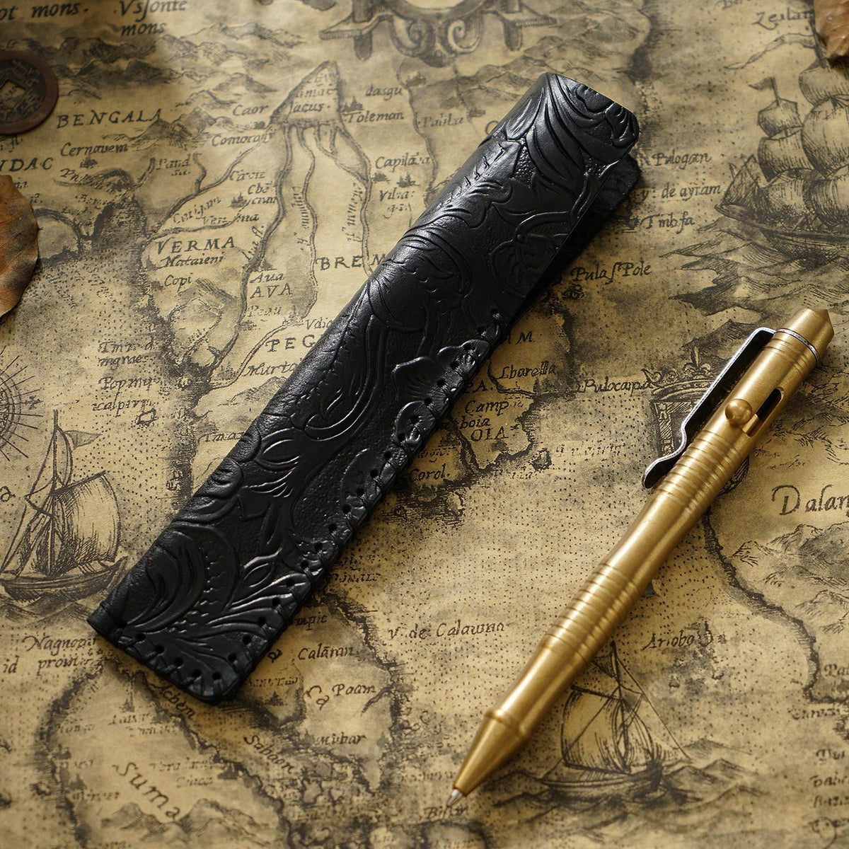 Pen Case Leather Floral Embossed Multi-Tool Storage
