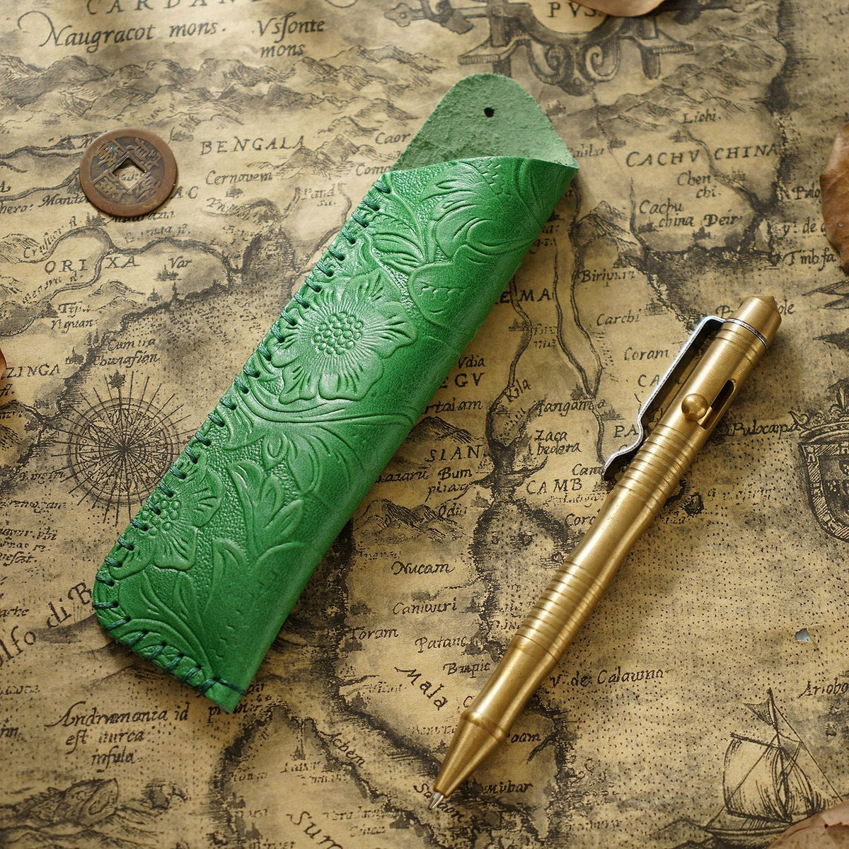 Pen Case Leather Floral Embossed Multi-Tool Storage