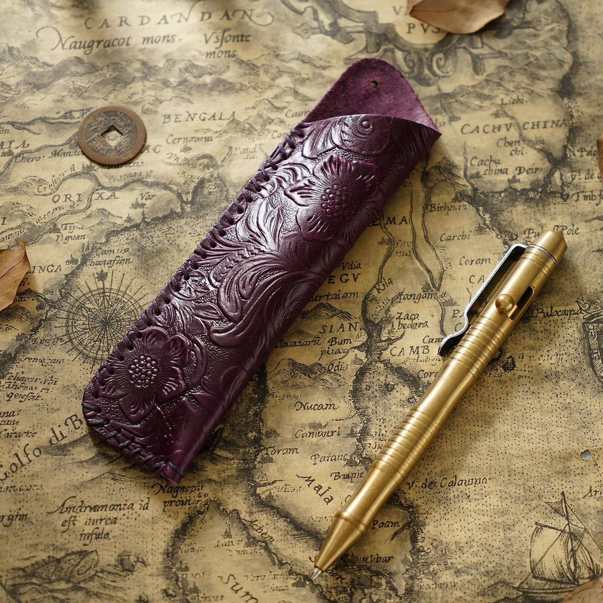 Pen Case Leather Floral Embossed Multi-Tool Storage