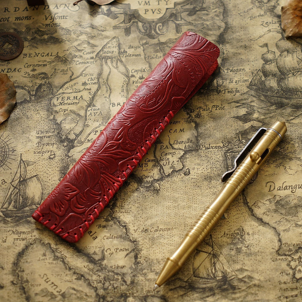 Pen Case Leather Floral Embossed Multi-Tool Storage