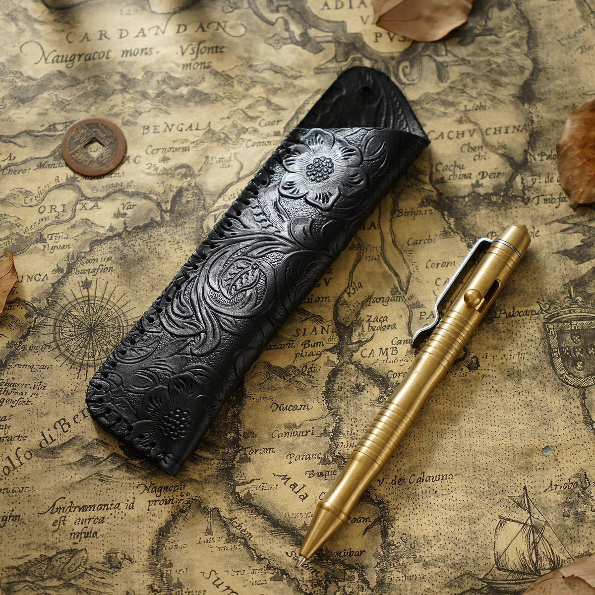 Pen Case Leather Floral Embossed Multi-Tool Storage