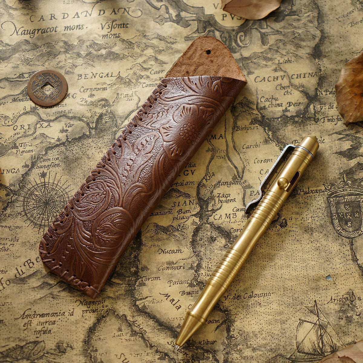 Pen Case Leather Floral Embossed Multi-Tool Storage