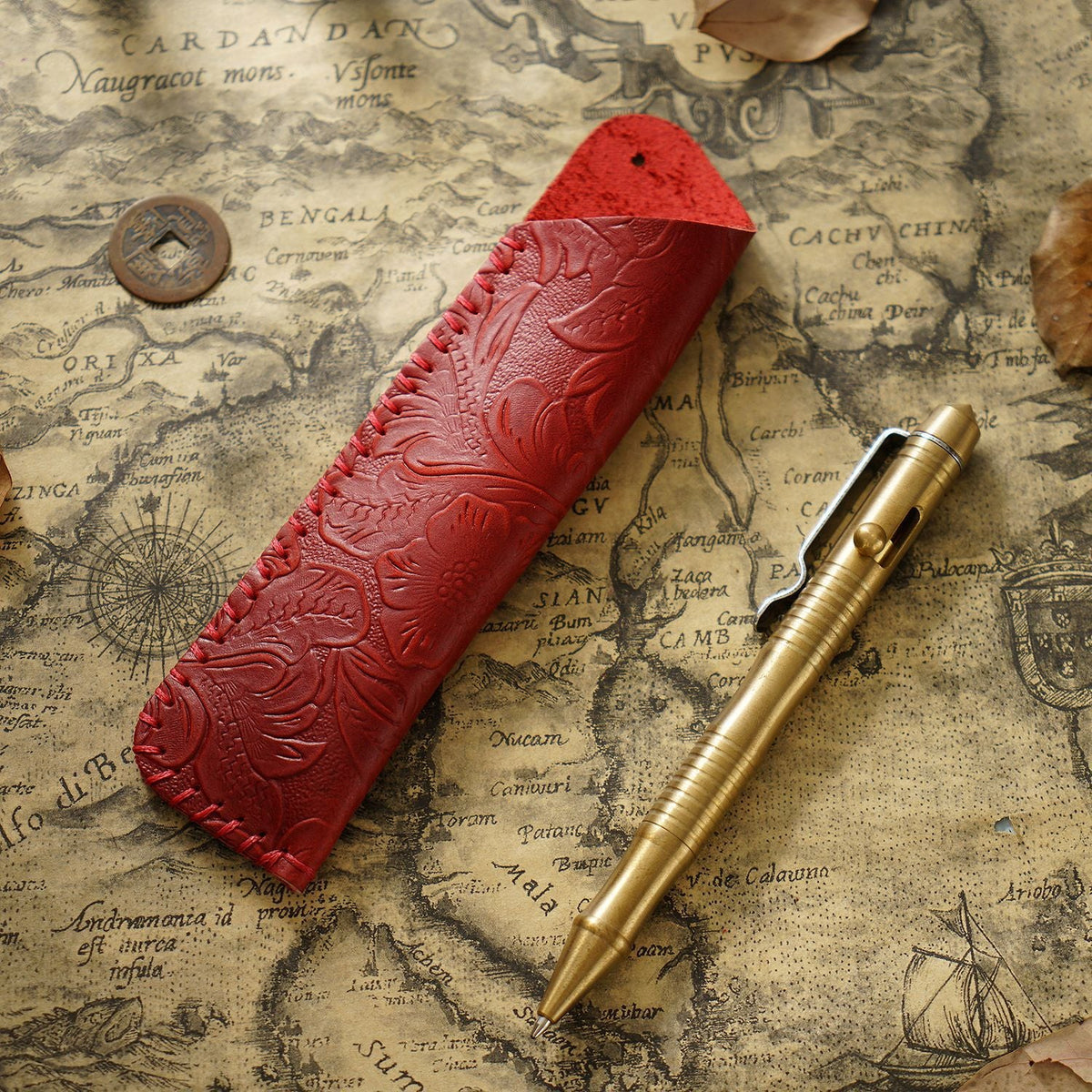 Pen Case Leather Floral Embossed Multi-Tool Storage