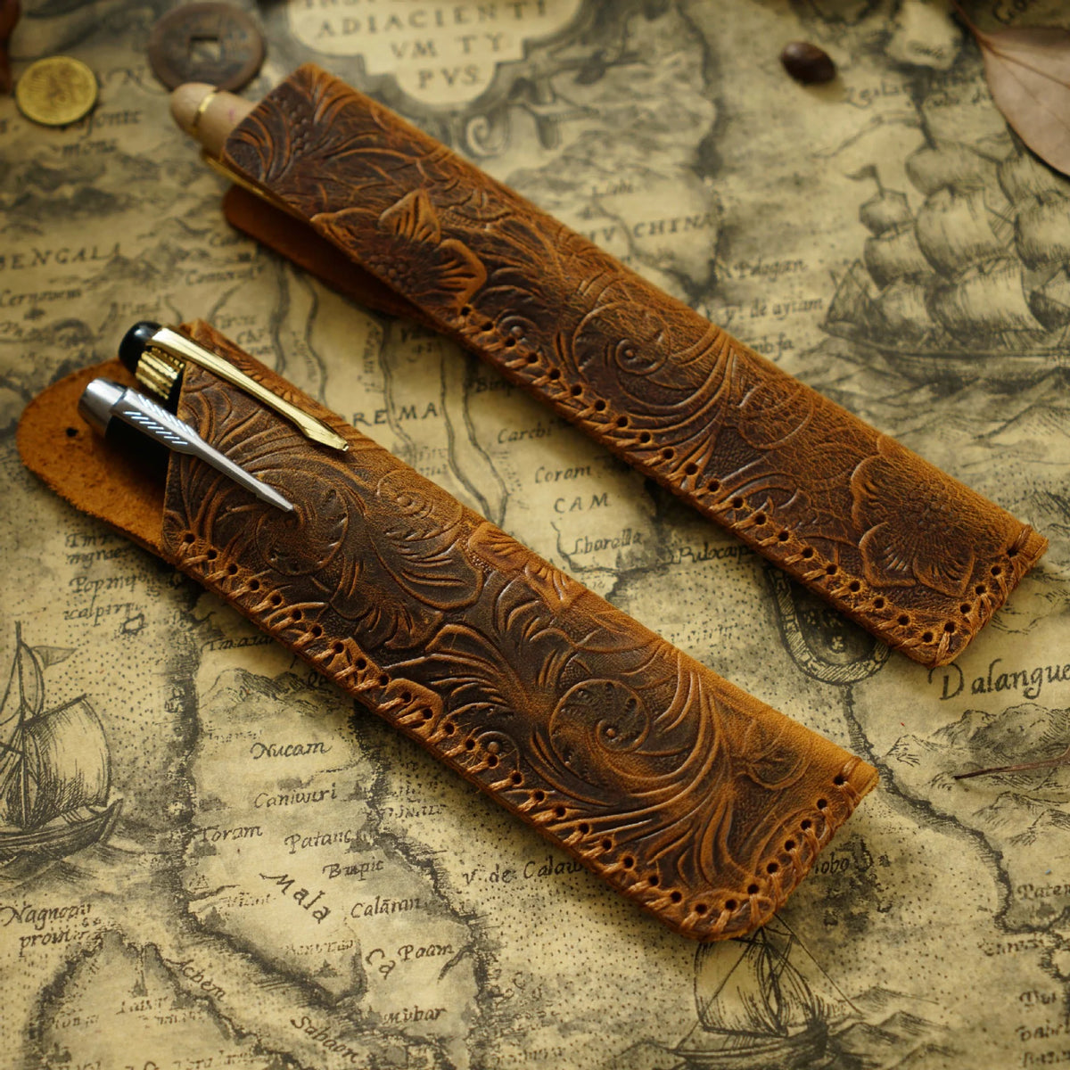 Pen Case Leather Floral Embossed Multi-Tool Storage
