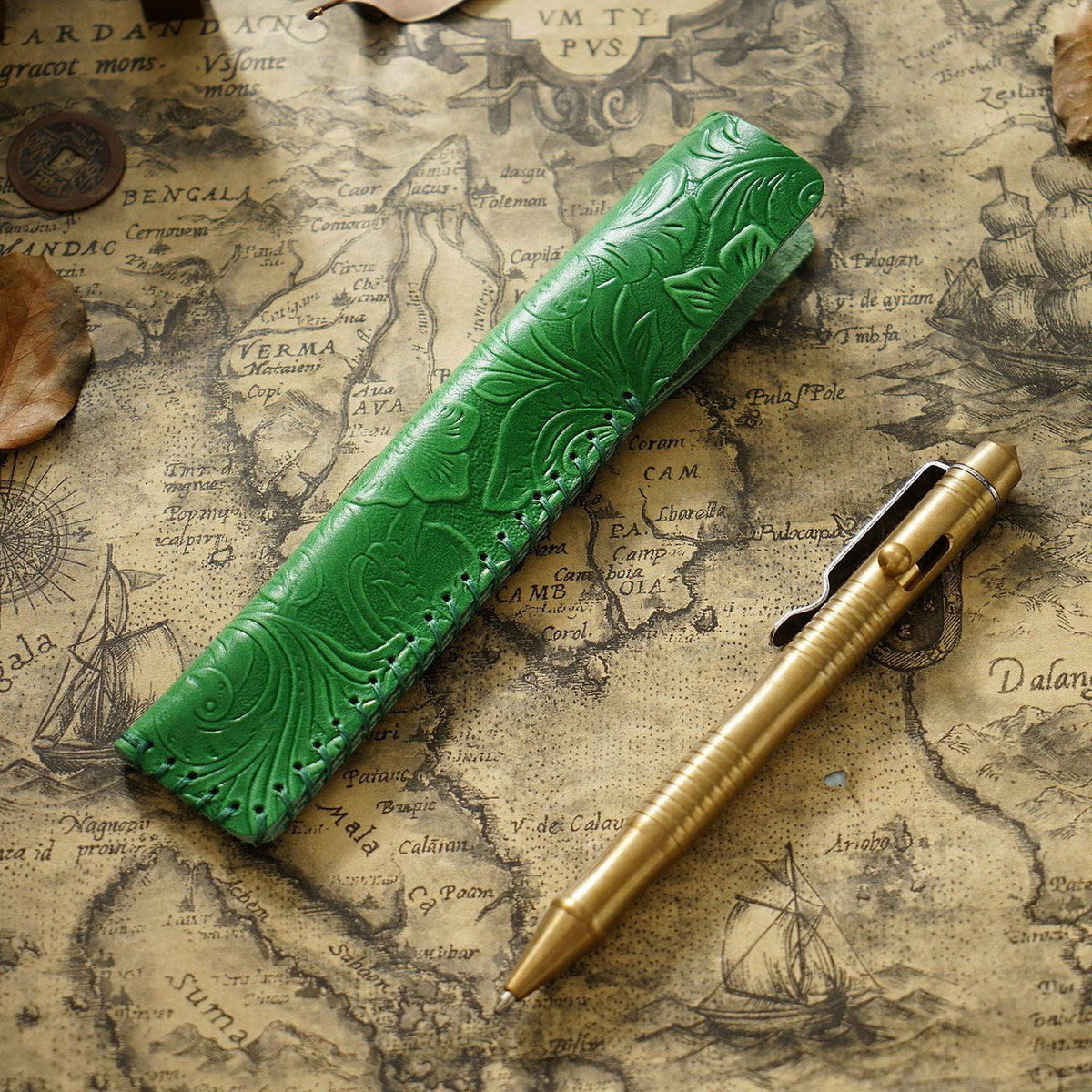 Pen Case Leather Floral Embossed Multi-Tool Storage