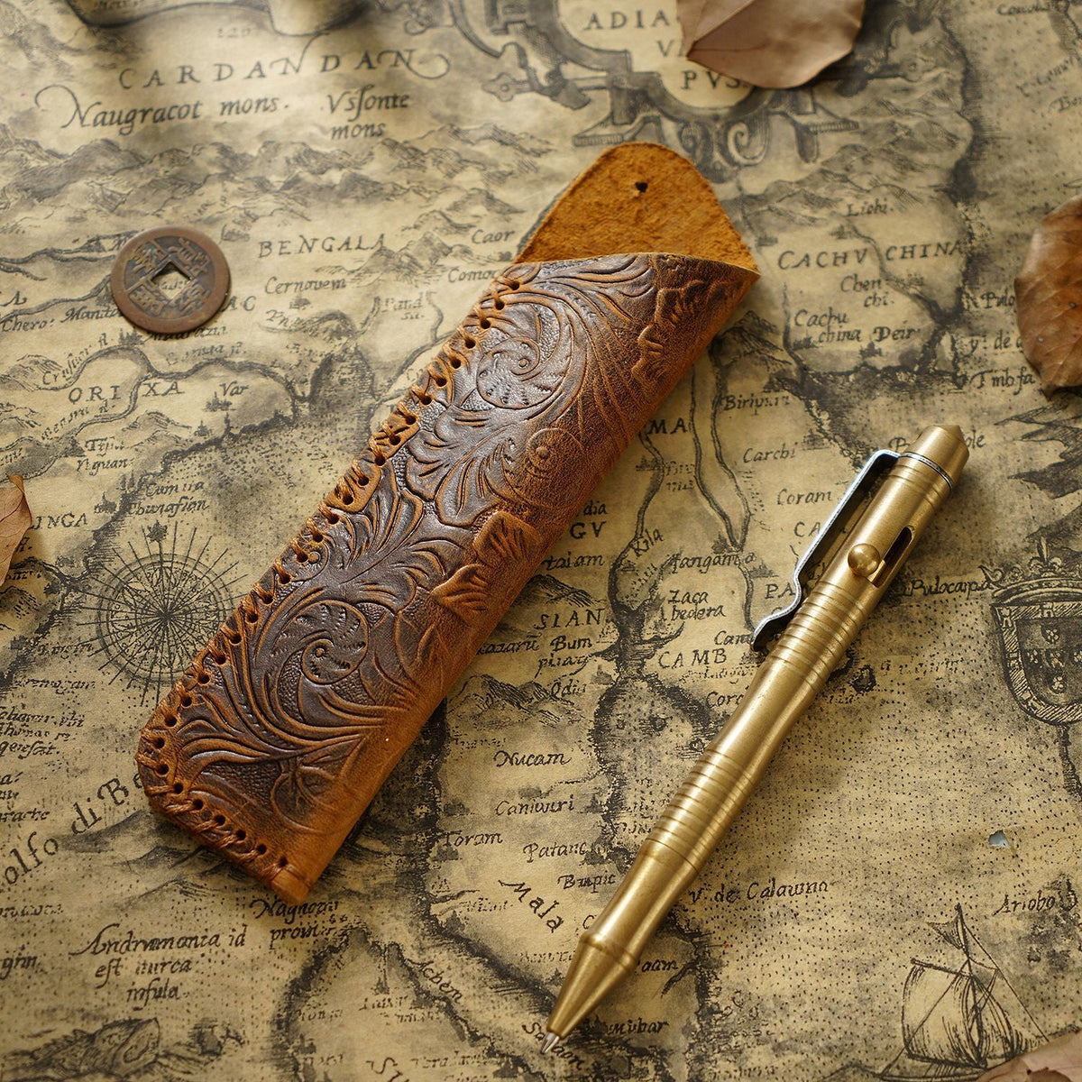 Pen Case Leather Floral Embossed Multi-Tool Storage