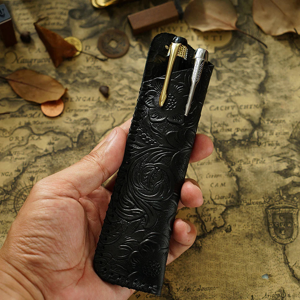 Pen Case Leather Floral Embossed Multi-Tool Storage