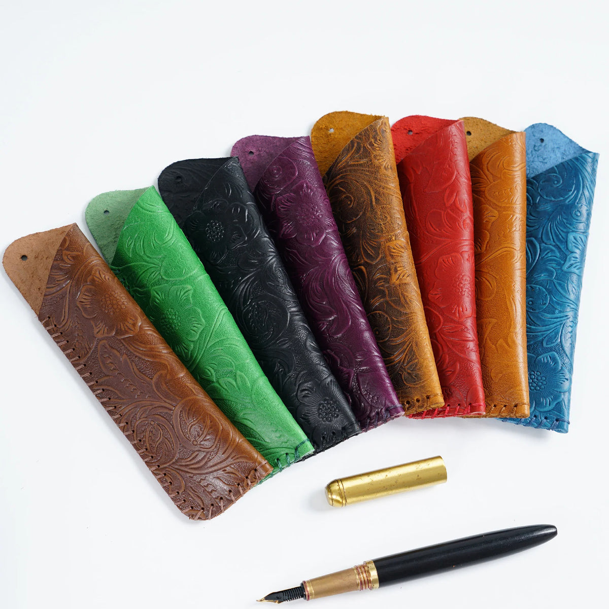 Pen Case Leather Floral Embossed Multi-Tool Storage