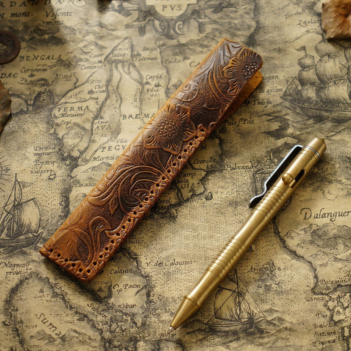 Pen Case Leather Floral Embossed Multi-Tool Storage