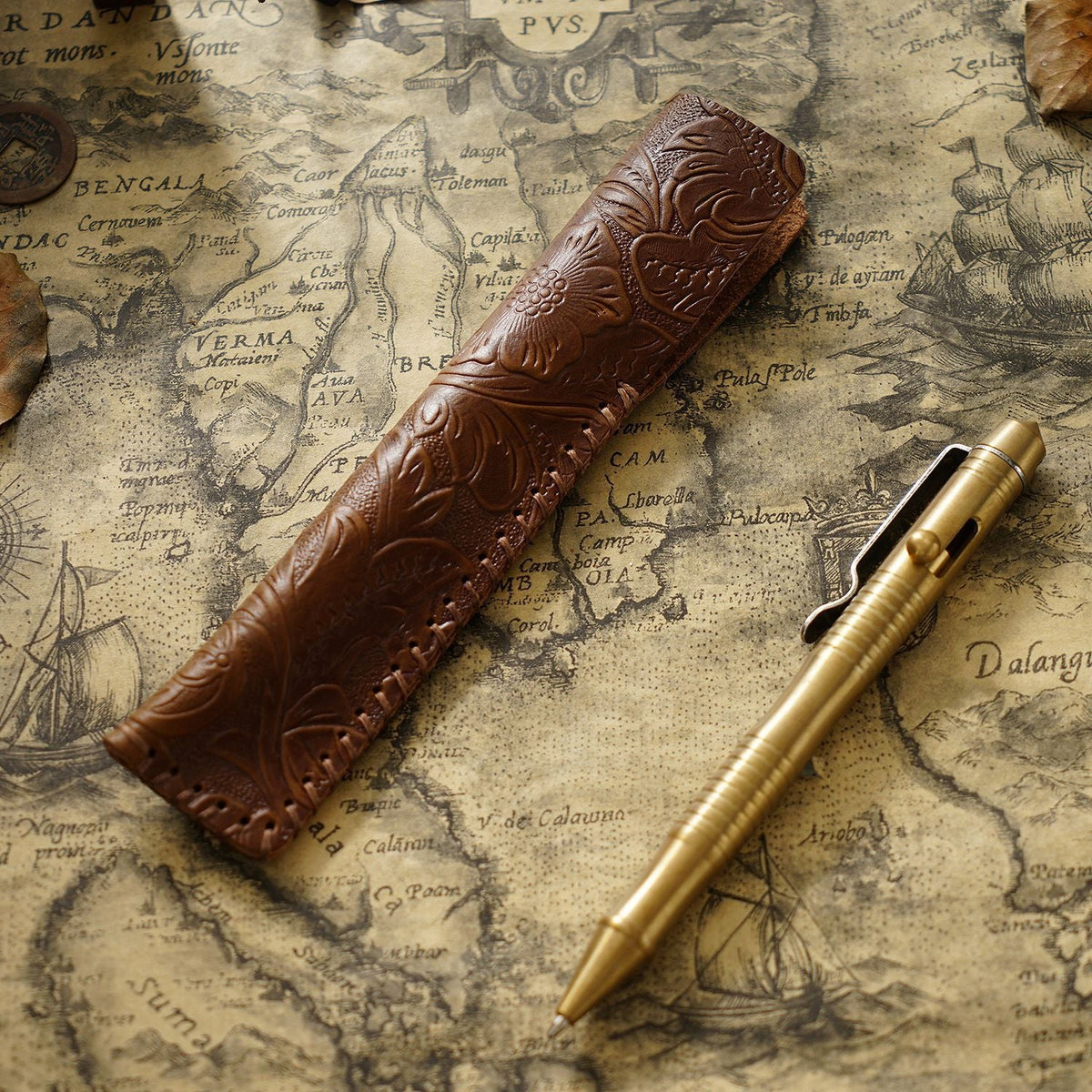 Pen Case Leather Floral Embossed Multi-Tool Storage