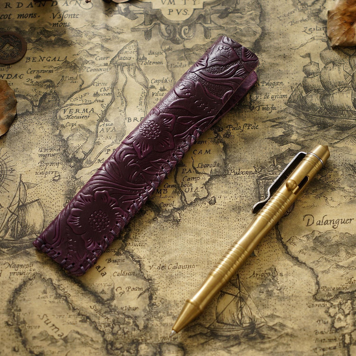 Pen Case Leather Floral Embossed Multi-Tool Storage