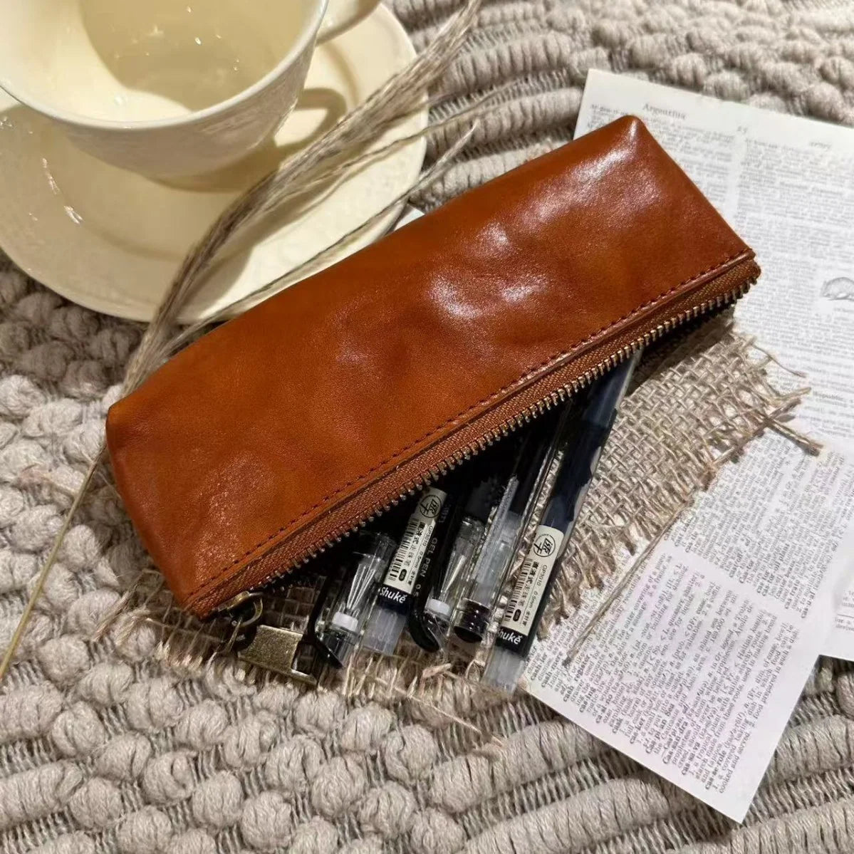 Pencil Case Genuine Leather Zipper Closure Compact Design