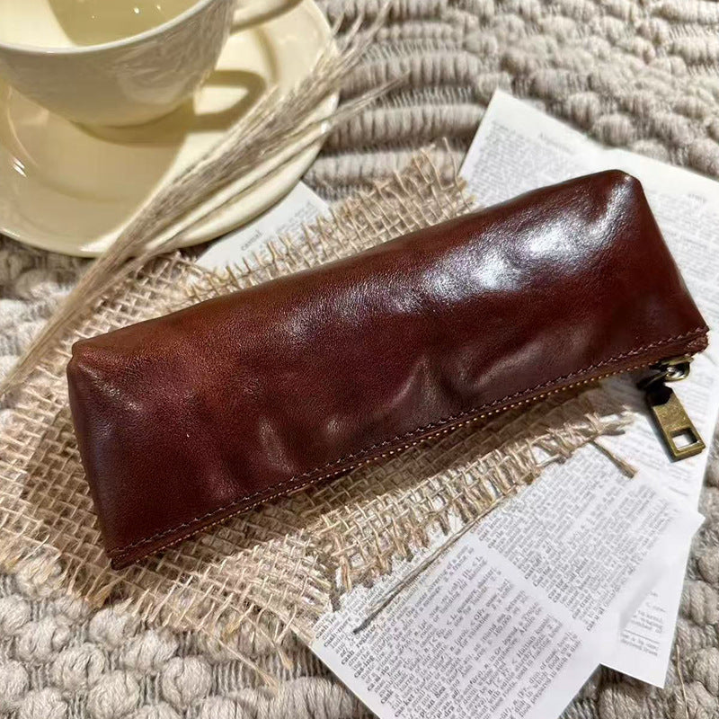 Pencil Case Genuine Leather Zipper Closure Compact Design
