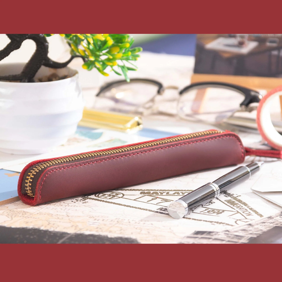 Pencil Case Genuine Leather Zipper Closure Compact Lightweight