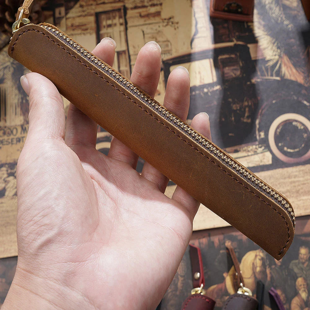 Pencil Case Genuine Leather Zipper Closure Compact Lightweight