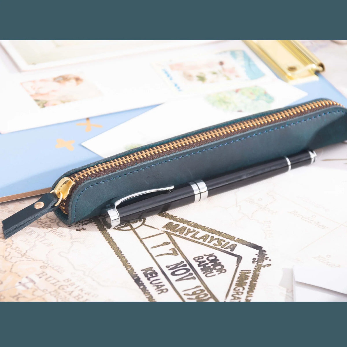 Pencil Case Genuine Leather Zipper Closure Compact Lightweight