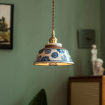 Pendant Lamp Hand-Painted Ceramic Shade Twisted Fabric Cord