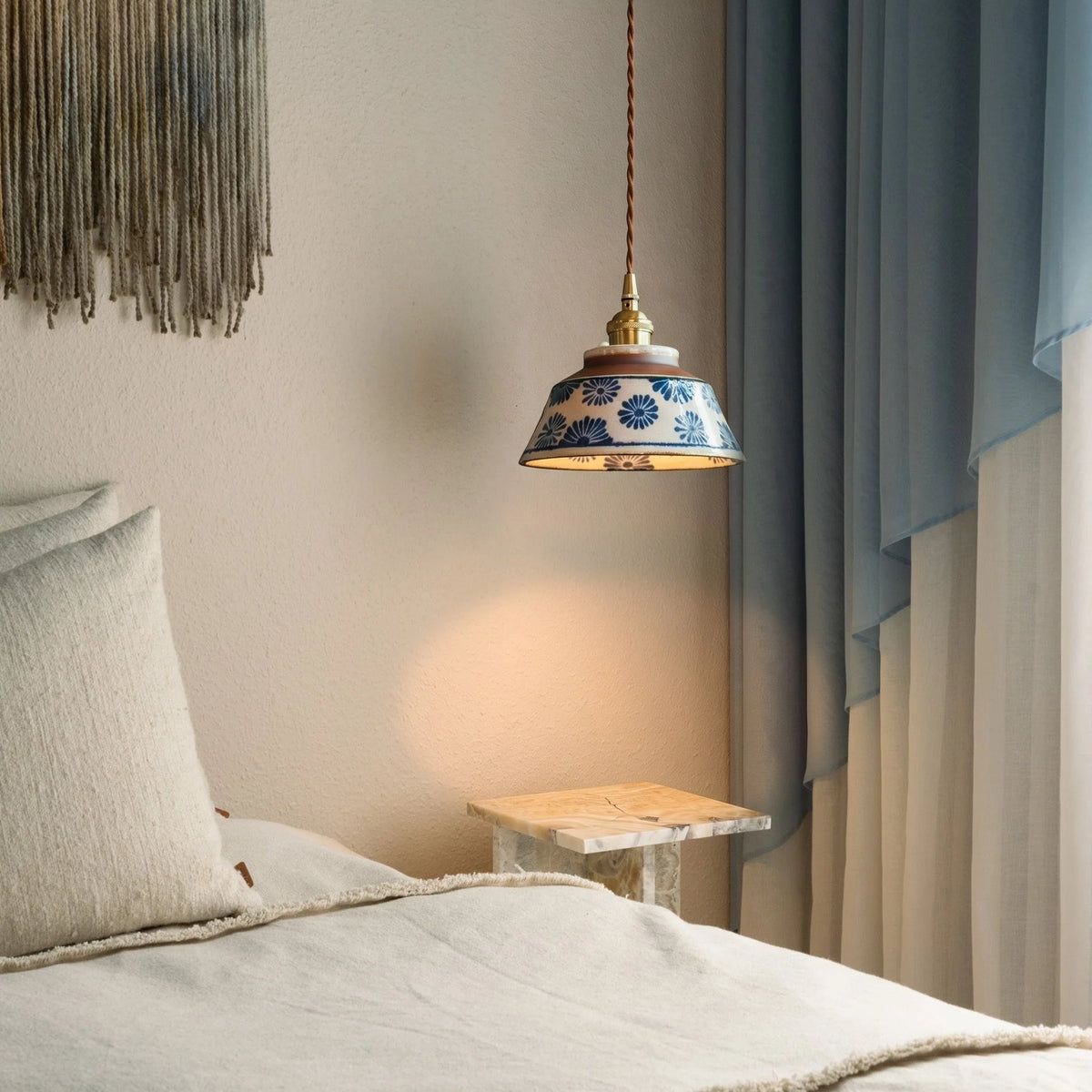 Pendant Lamp Hand-Painted Ceramic Shade Twisted Fabric Cord