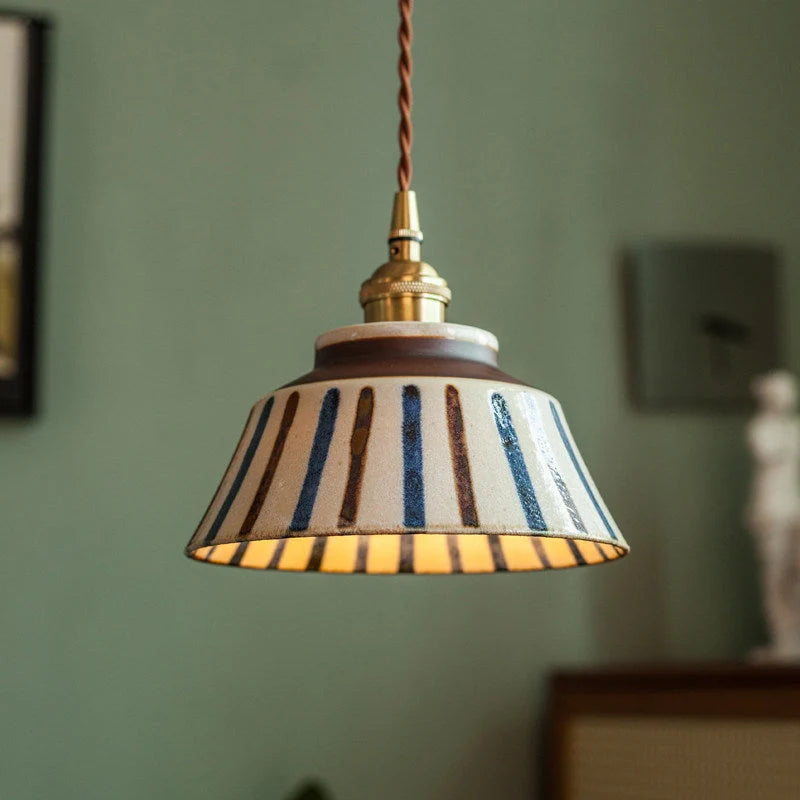 Pendant Lamp Hand-Painted Ceramic Shade Twisted Fabric Cord