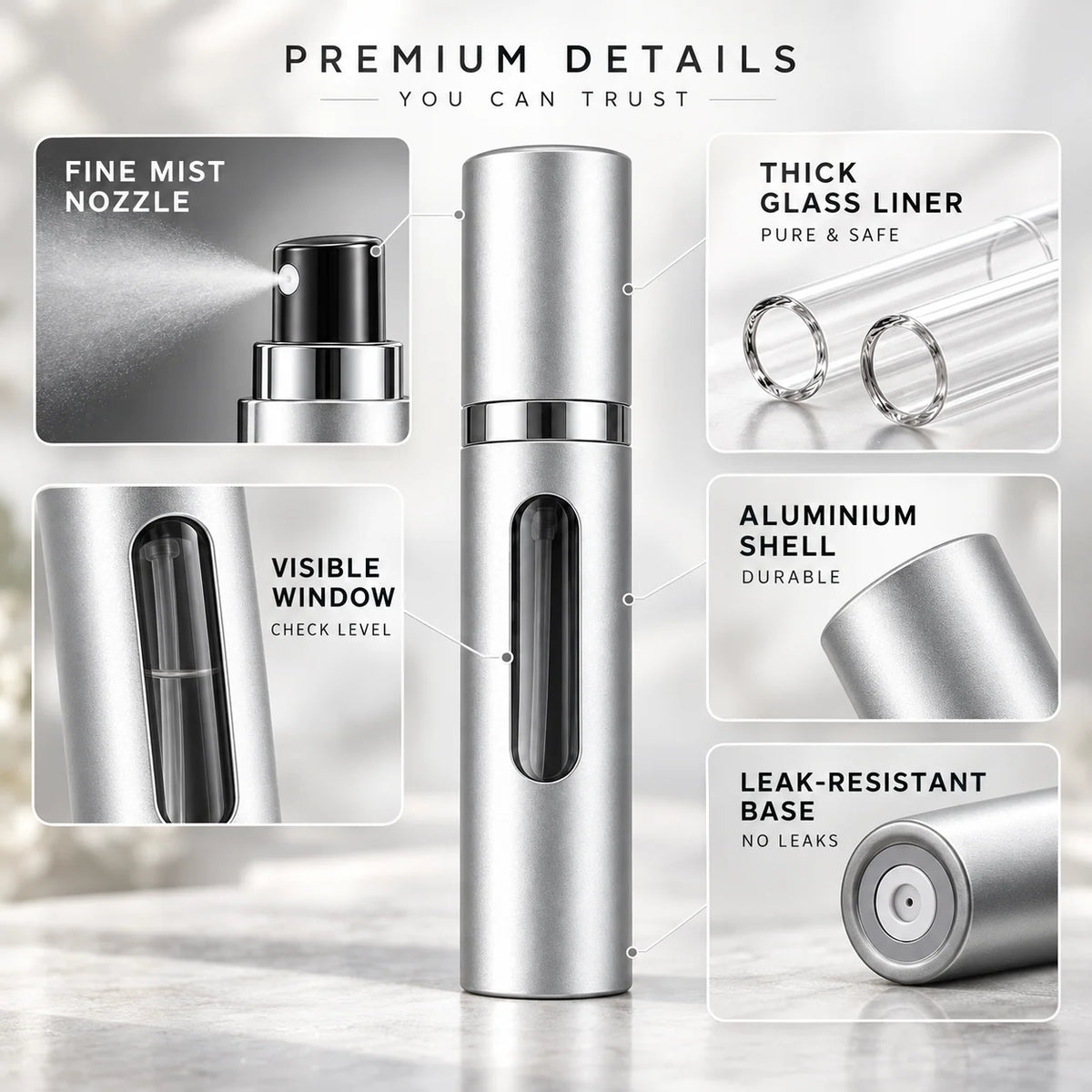 Perfume Atomizer Refillable Leak-Resistant Travel Design