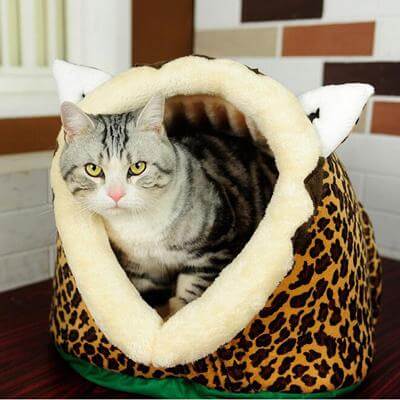 Pet Bed Enclosed Cave Plush Warm Animal Print
