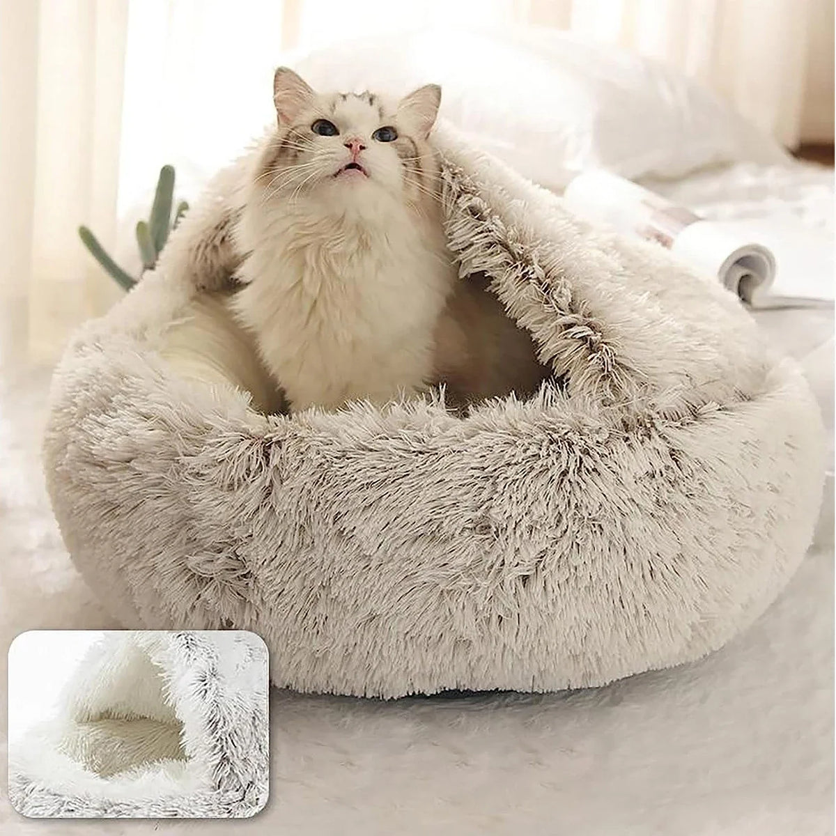 Pet Cave Bed Plush Hooded Machine Washable Cover