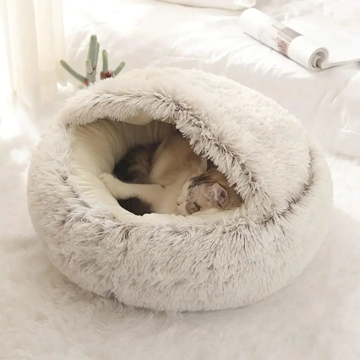 Pet Cave Bed Plush Hooded Machine Washable Cover