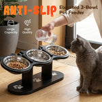 Pet Feeder Height-Adjustable Wooden Stand 3 Stainless Steel Bowls