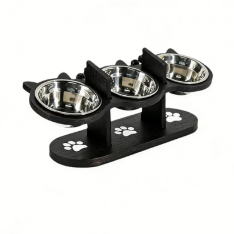 Pet Feeder Height-Adjustable Wooden Stand 3 Stainless Steel Bowls