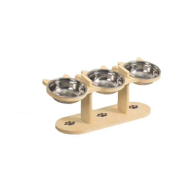 Pet Feeder Height-Adjustable Wooden Stand 3 Stainless Steel Bowls