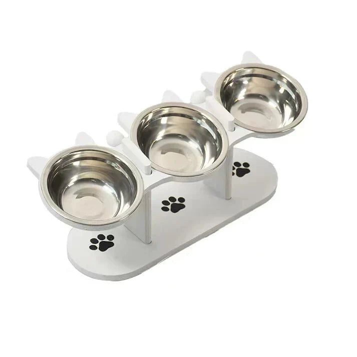 Pet Feeder Height-Adjustable Wooden Stand 3 Stainless Steel Bowls