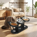 Pet Feeder Height-Adjustable Wooden Stand 3 Stainless Steel Bowls