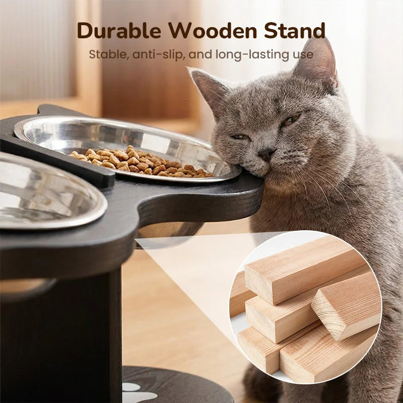 Pet Feeder Height-Adjustable Wooden Stand 3 Stainless Steel Bowls