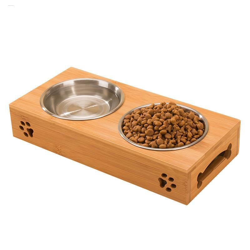 Pet Food Bowl Wooden Exterior Stainless Steel Insert