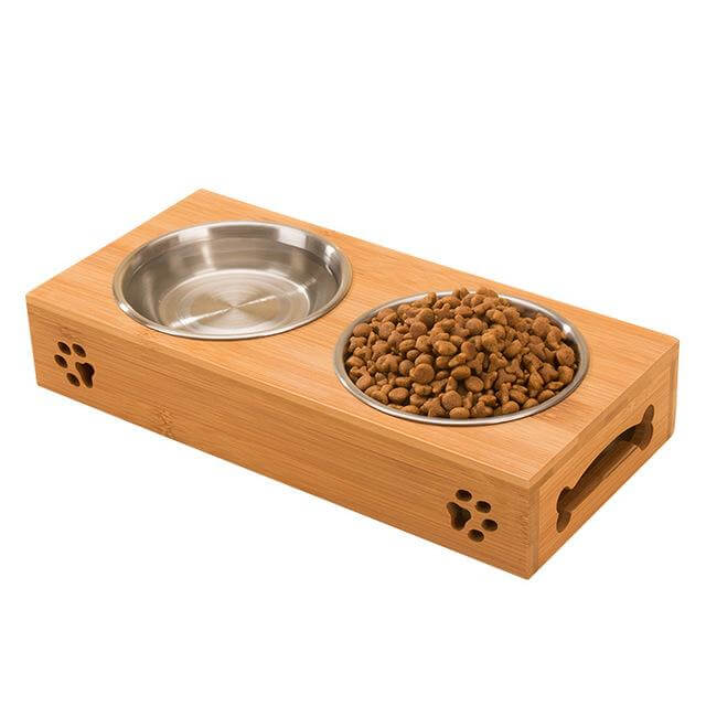 Pet Food Bowl Wooden Exterior Stainless Steel Insert