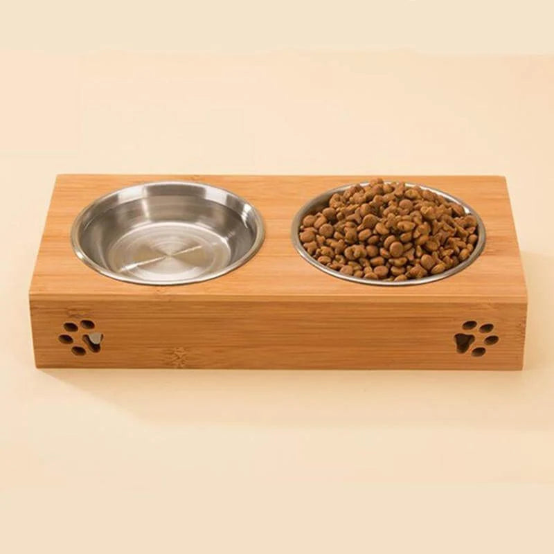 Pet Food Bowl Wooden Exterior Stainless Steel Insert